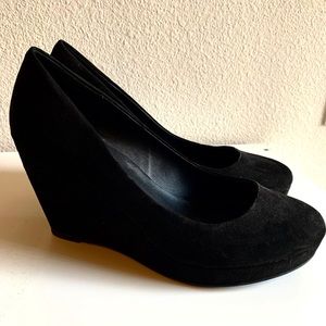 Black suede platform wedge heels